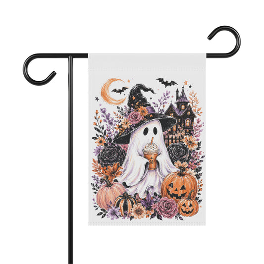 Halloween Ghost Garden Flag — Witch Hat Ghost with Pumpkins & Haunted House Garden Banner