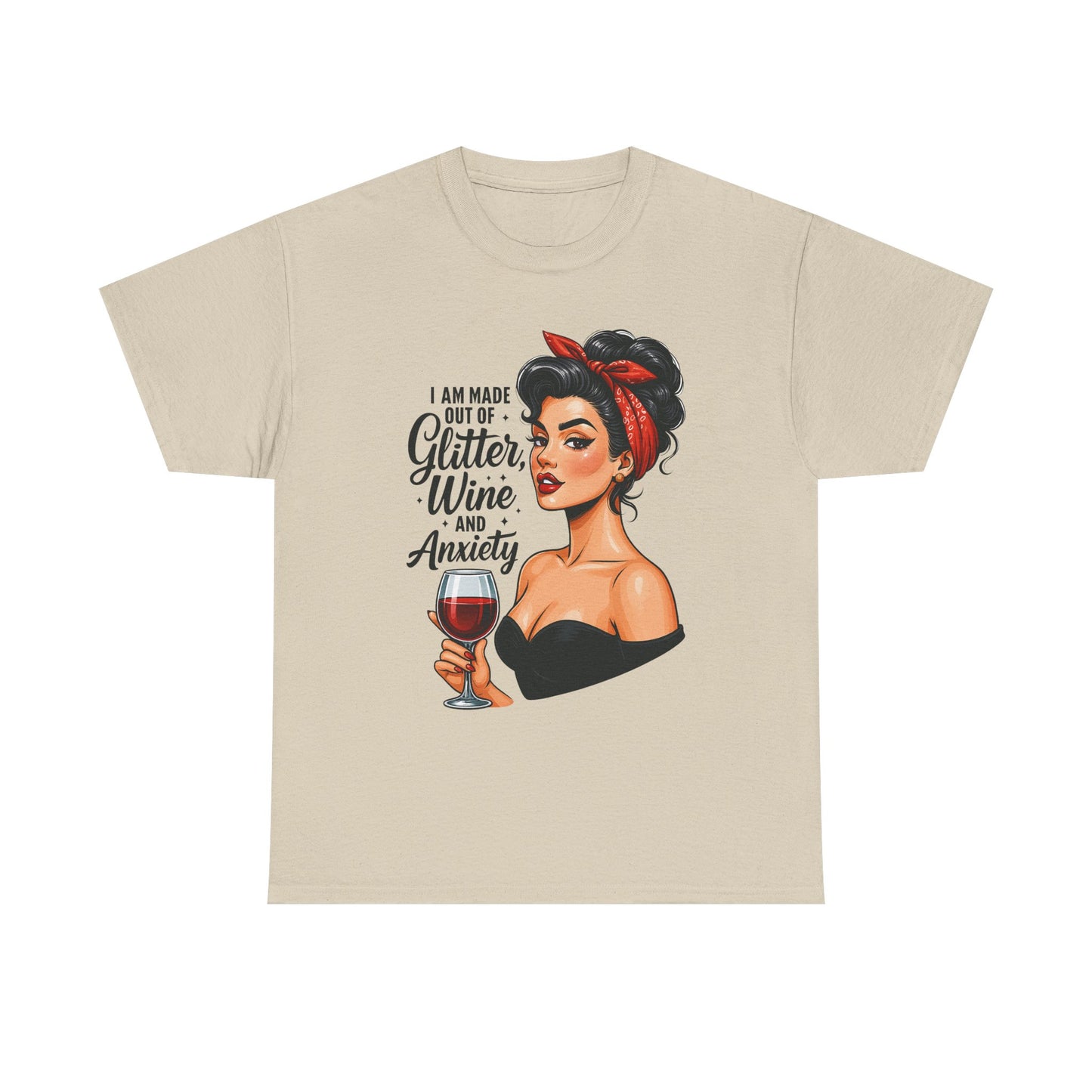 Wine & Anxiety Graphic Tee — Retro Pinup Woman Holding Wine Glass