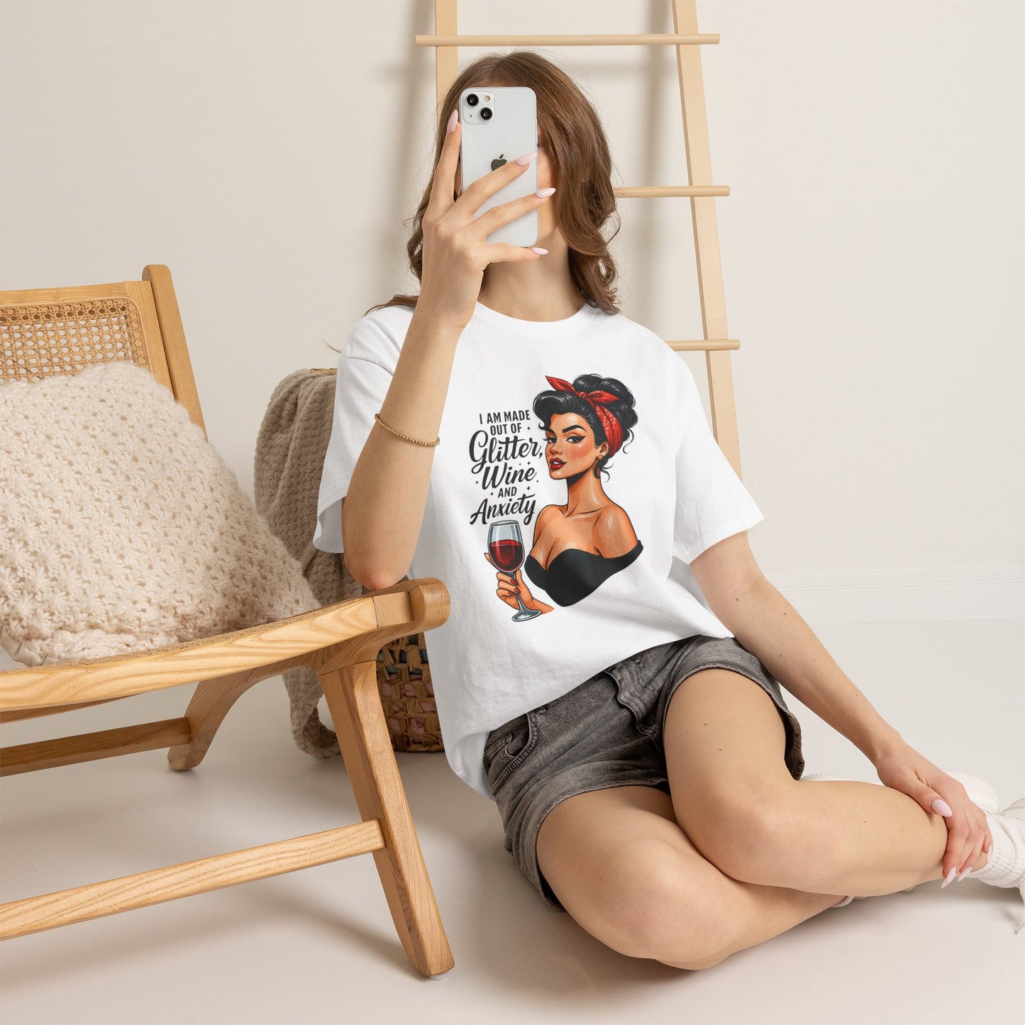 Wine & Anxiety Graphic Tee — Retro Pinup Woman Holding Wine Glass