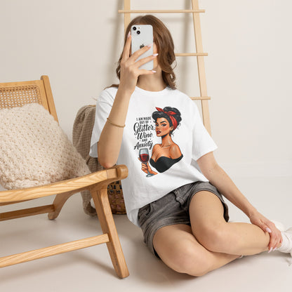 Wine & Anxiety Graphic Tee — Retro Pinup Woman Holding Wine Glass