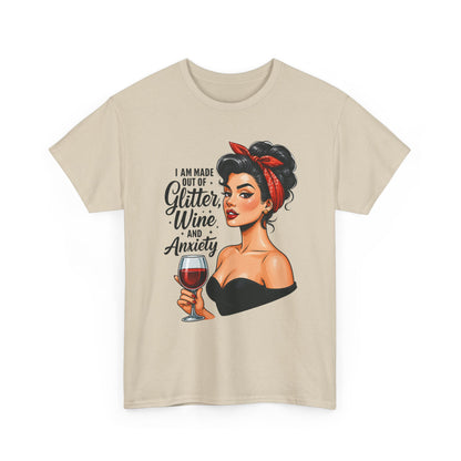 Wine & Anxiety Graphic Tee — Retro Pinup Woman Holding Wine Glass