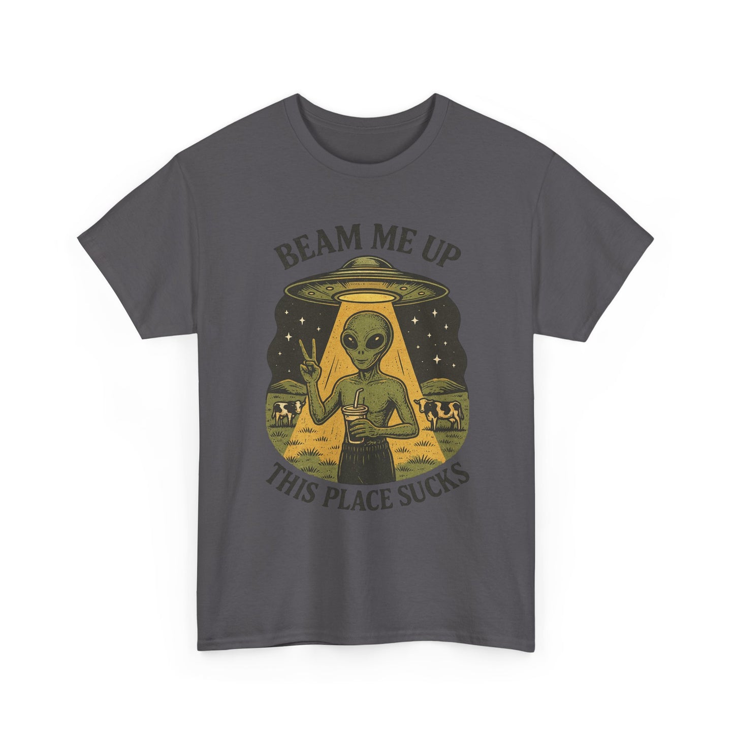 Alien Graphic Tee — "Beam Me Up, This Place Sucks" Funny UFO T-Shirt