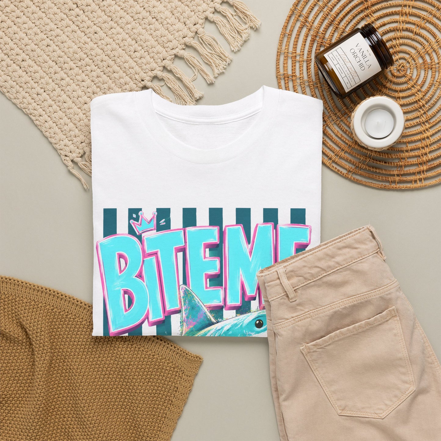 Shark 'Bite Me' Graphic Tee — Retro Neon Coastal Surf T-Shirt