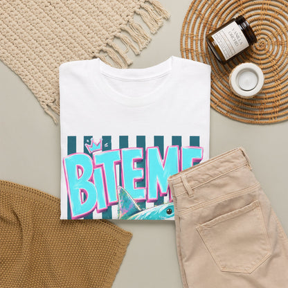 Shark 'Bite Me' Graphic Tee — Retro Neon Coastal Surf T-Shirt