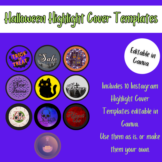 A collection of 10 editable Canva Instagram Highlight Covers with various Halloween themed designs such as pumpkins, ghosts, and spider webs.