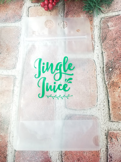 Refillable plastic drink pouch with Jingle Juice design in green vinyl.
