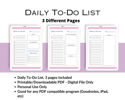 Daily to-do list includes 3 pages to print or use digitally. Pink and purple chevron design.  