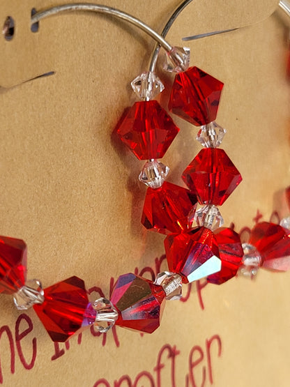 Red and White Beaded Hoop Earrings