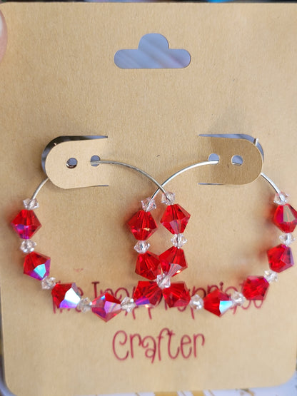 Red and White Beaded Hoop Earrings