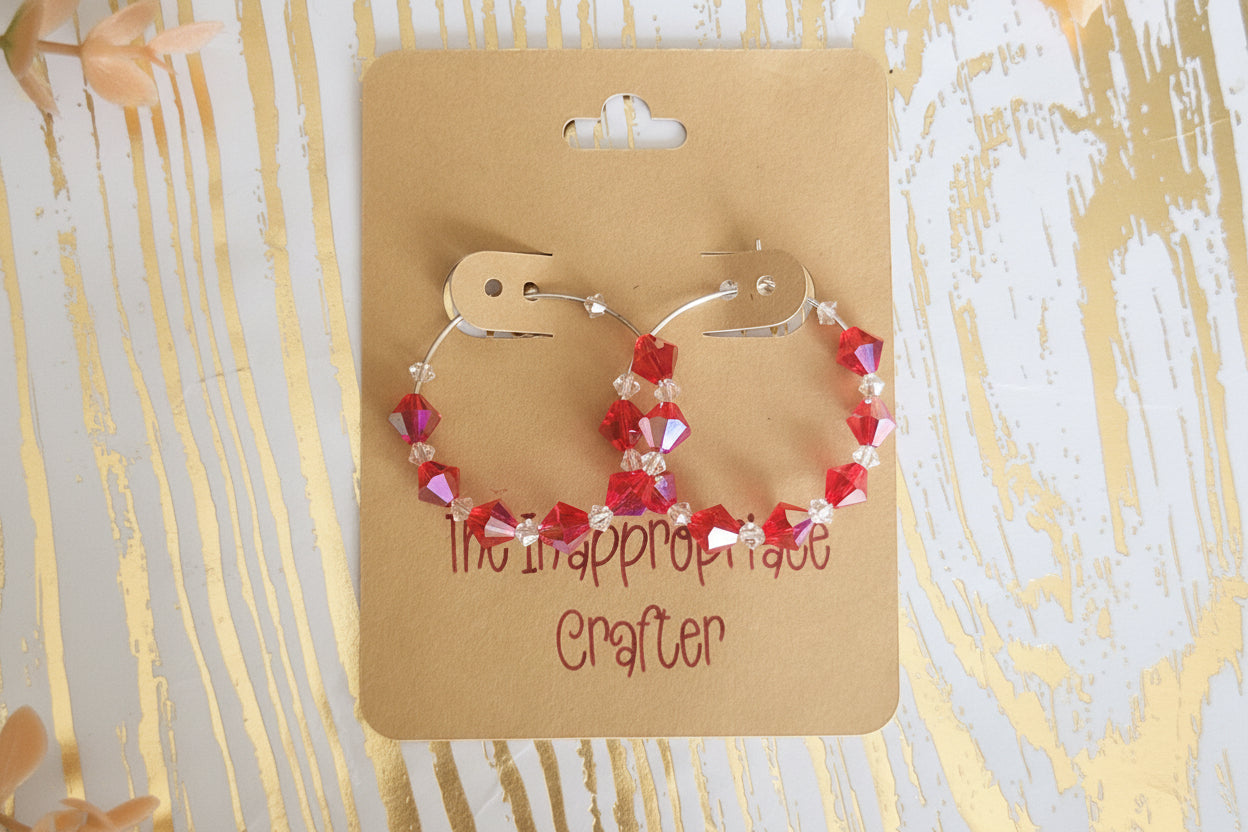 Red and White Beaded Hoop Earrings