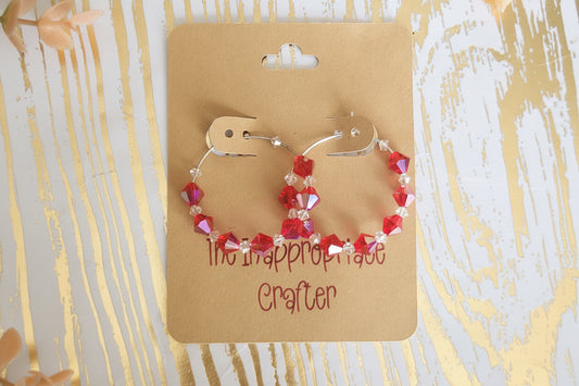 Red and White Beaded Hoop Earrings