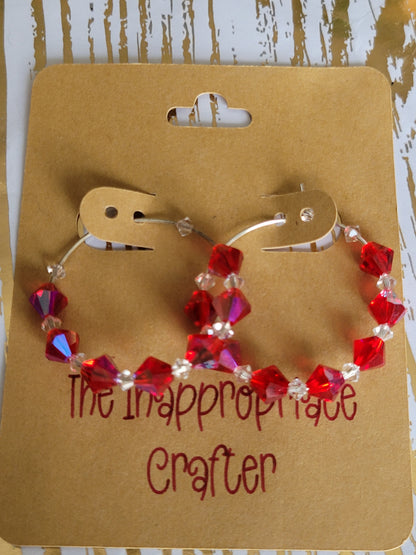 Red and White Beaded Hoop Earrings