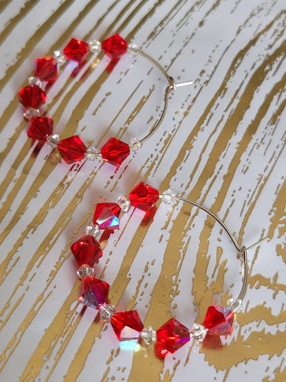 Red and White Beaded Hoop Earrings