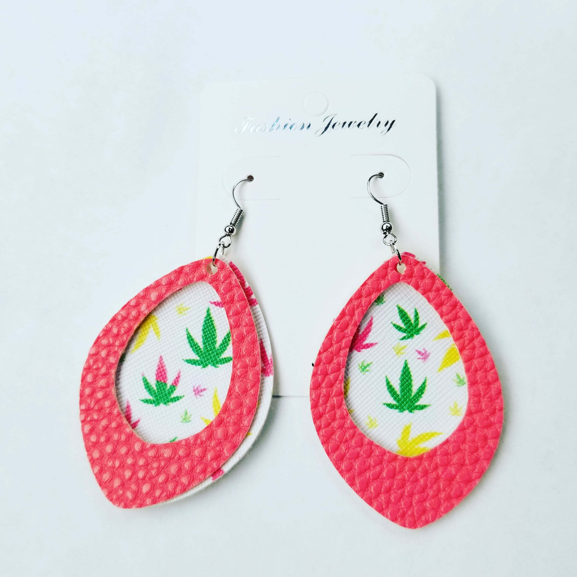 Coral, white, green, and yellow marijuana patterned faux leather earrings